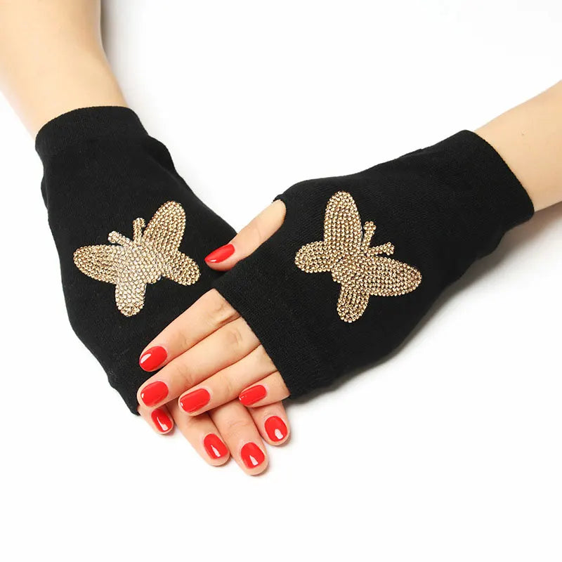 Jolis gants tricotés sans doigts à motifs d'animaux de dessin animé, diamants, paillettes, cool pour les gants de personnalité créatifs d'hiver pour femmes