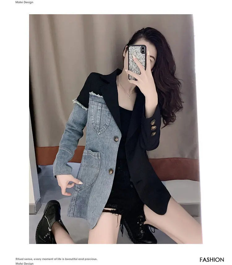 Women's Denim Patchwork Blazer Jacket, Casual Jacket