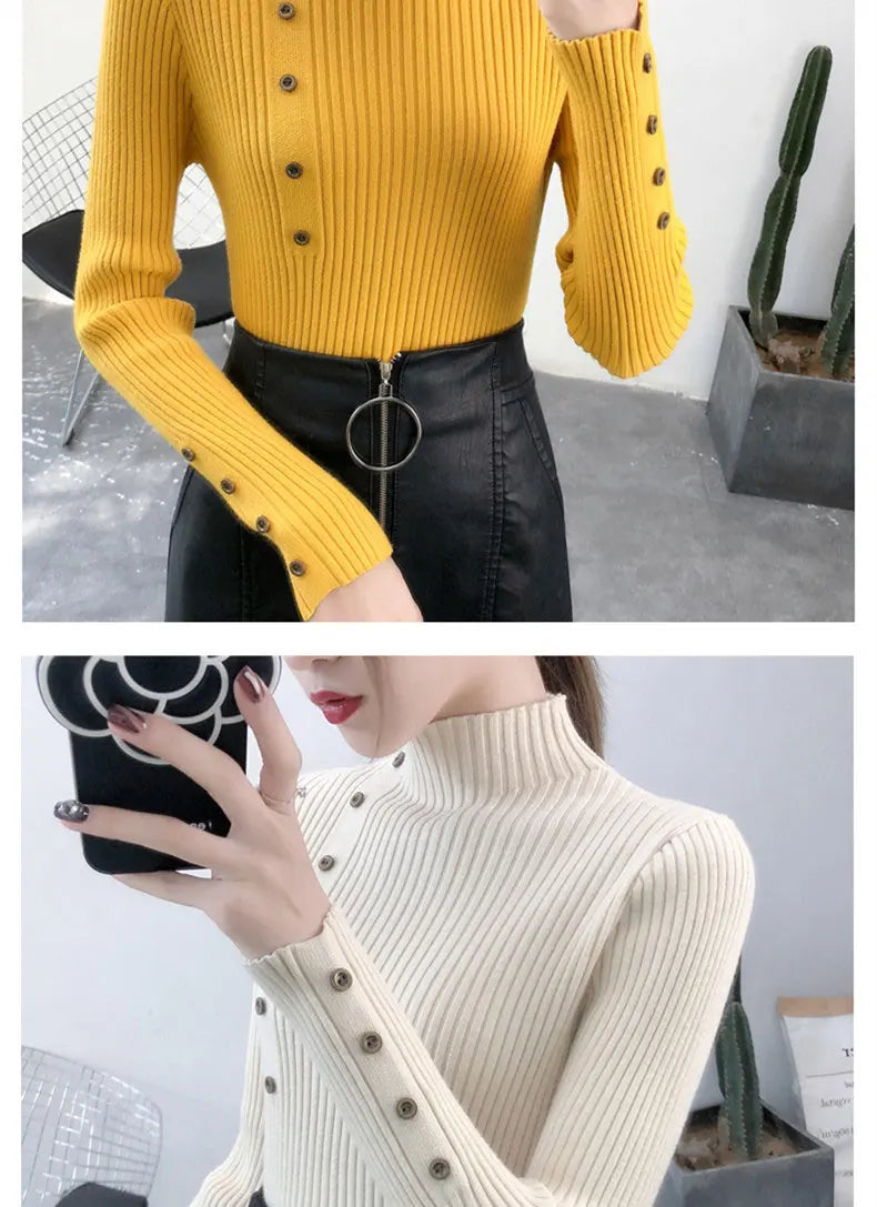 2023 Women Autumn Knitted Slim Sweaters Solid Knitted Female Cotton Soft Elastic Color Pullovers Button Full Sleeve Turtleneck