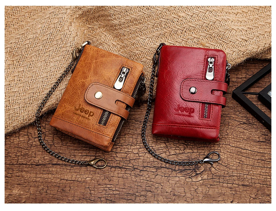 Hot Genuine Leather Men Wallet Coffee Coin Purse Mini Card Holder Chain PORTFOLIO Portomonee Male Walet Support Dropshiping