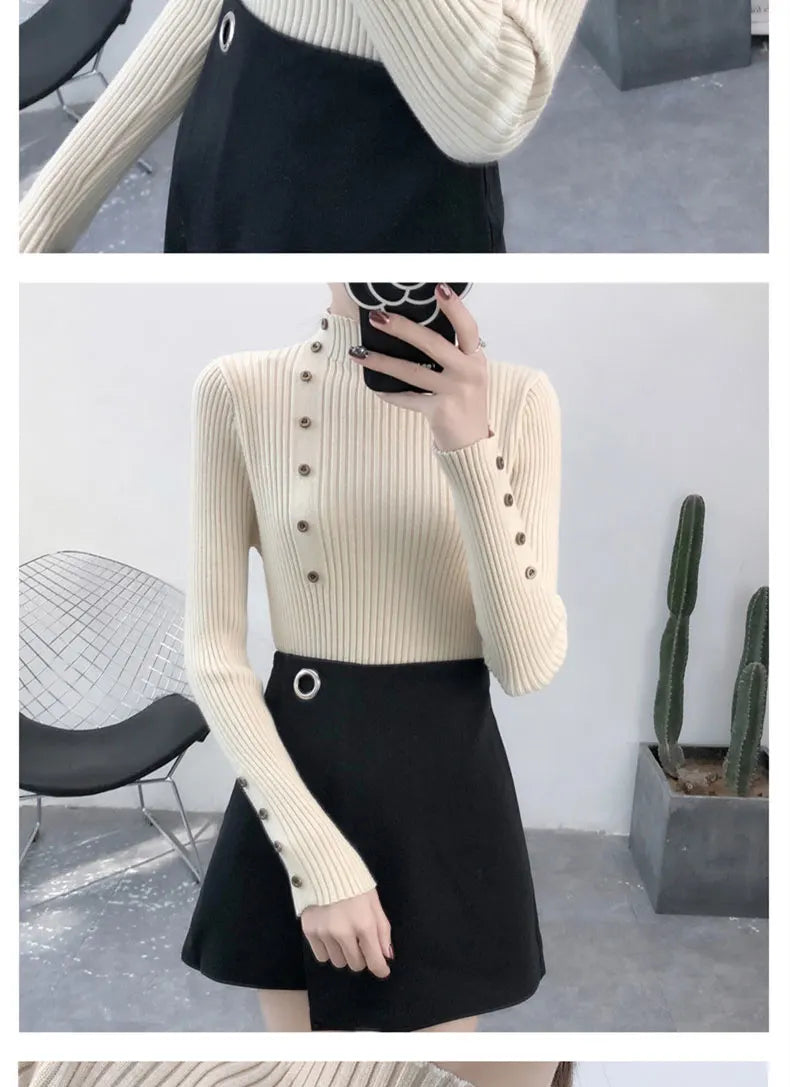 2023 Women Autumn Knitted Slim Sweaters Solid Knitted Female Cotton Soft Elastic Color Pullovers Button Full Sleeve Turtleneck