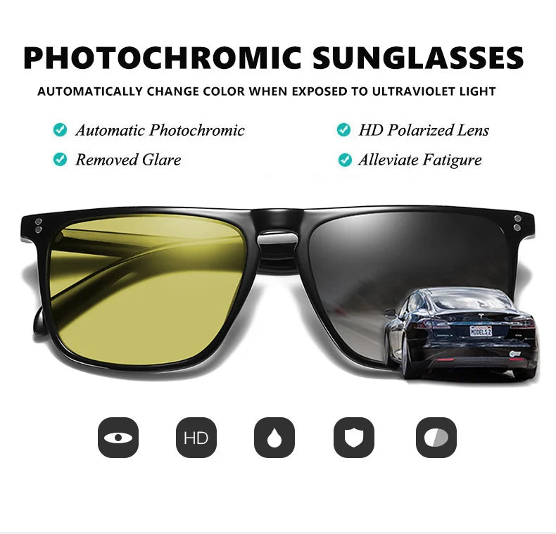 Brand Rivet Square Photochromic Sunglasses Men Polarized Women Driving Sun Glasses Day Night Vision Anti-Glare zonnebril heren