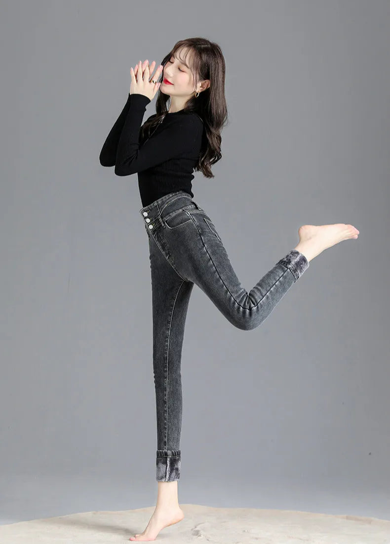 Thermal Winter Thick Fleece High-waist Warm Skinny Jeans Thick Women Stretch Button Pencil Pants Mom Casual Velvet Jeans