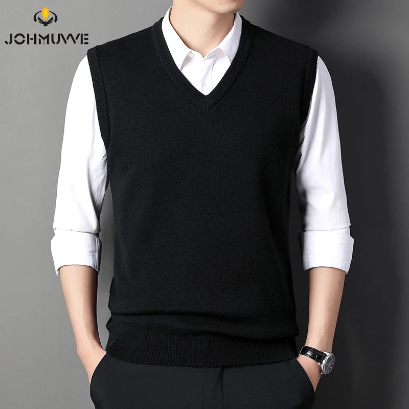 JOHMUVVE  New Men V-neck Vest Trend Retro Solid Color Vest All-match Casual Business Work Woolen Knit Vest Men Autumn