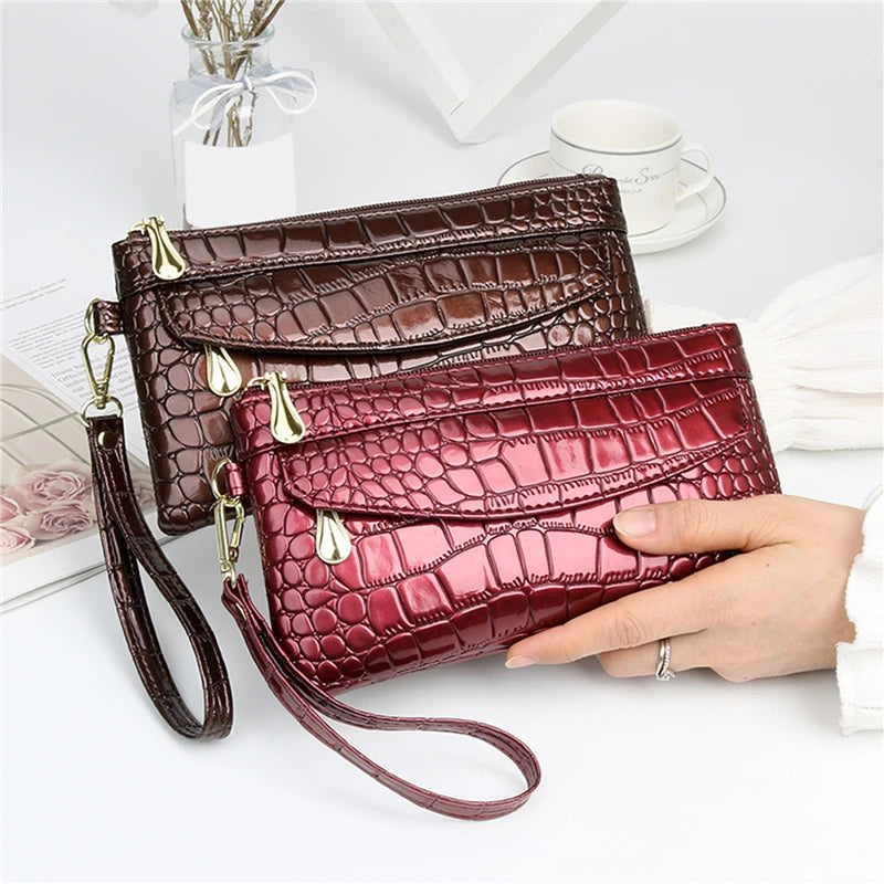 Portefeuilles en cuir verni pour femmes, portefeuille long à double fermeture éclair, pochette design, porte-monnaie rouge, porte-monnaie en crocodile