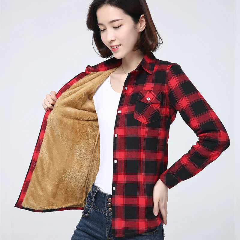 2023 Winter New Women's Warm Plaid Shirt Coat Casual Fleece Velvet Plus Thicke Tops Brand College Style Woman Clothes Outerwear