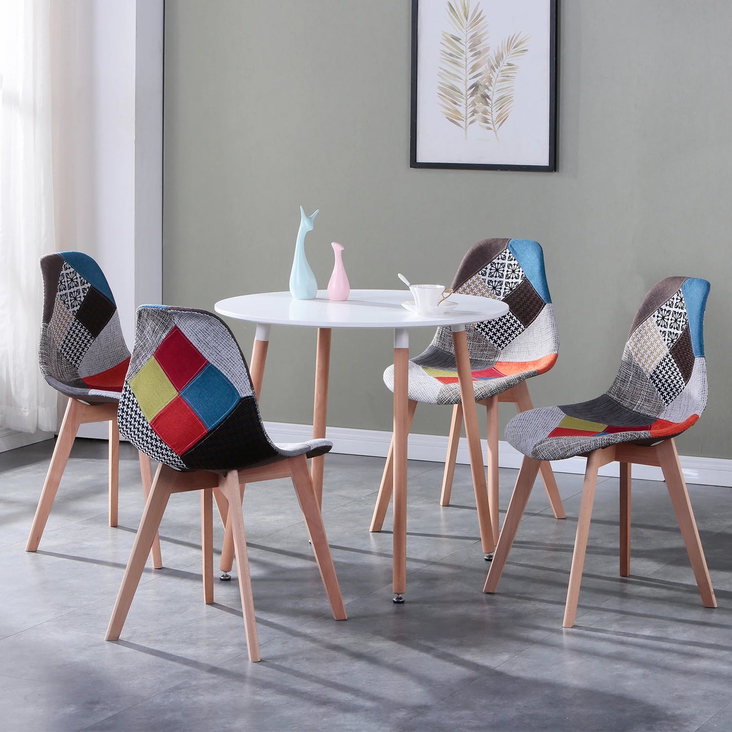 Set of 4 Nordic Dining Chairs Patchwork Frabic Chairs and Round Dining Table Set for Kitchen Restaurant Dining Room Lounge Room