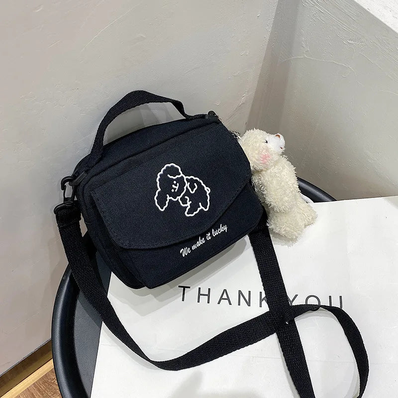 Ladies Fashion Canvas Small Square Bag Korean Version Multifunctional Cute Dog One-shoulder Diagonal Mobile Phone Package