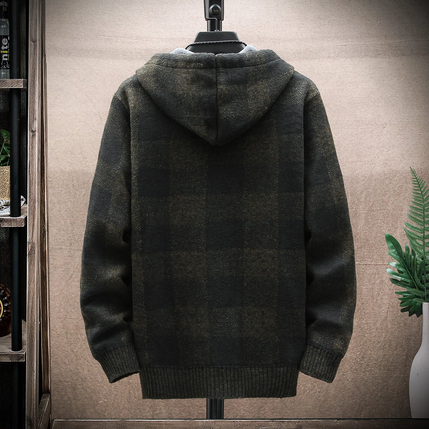 Pull à carreaux d'hiver pour hommes, nouveau cardigan à capuche, manteau froid, veste en laine à fermeture éclair, vêtements chauds d'automne en polaire, pull en tricot à carreaux