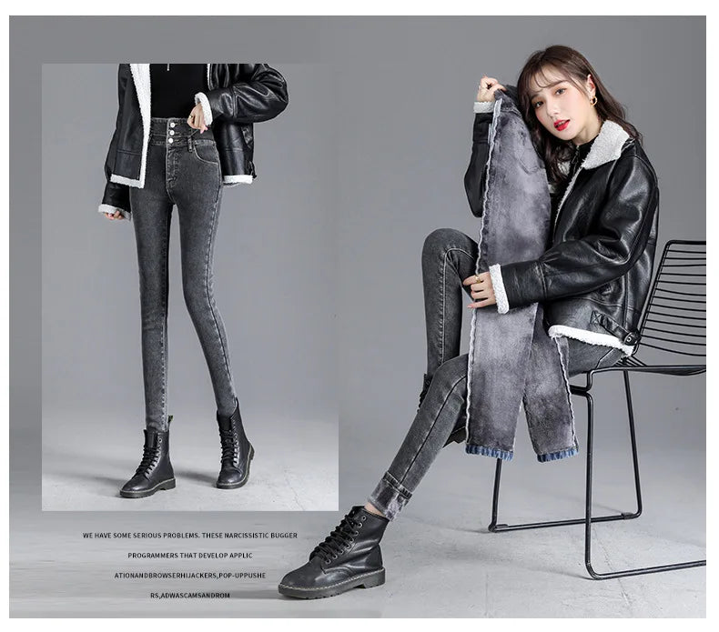 Thermal Winter Thick Fleece High-waist Warm Skinny Jeans Thick Women Stretch Button Pencil Pants Mom Casual Velvet Jeans