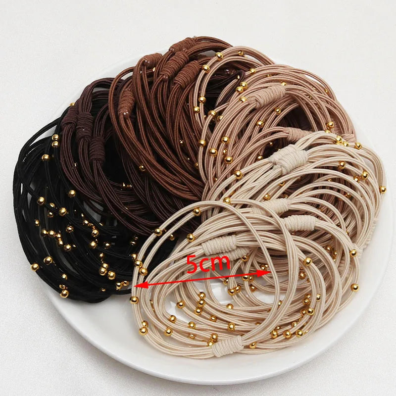 10PCS Korean Women Elastic Hair Rubber Bands  Headbands Girs Golden Plated Beads Hair Scruchies Hair Tie/Holder/Gum  Accessories