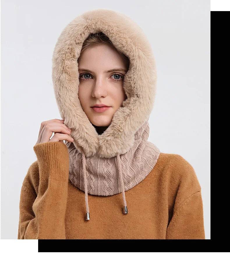 Winter Fur Cap Mask Set Hooded for Women Knitted Cashmere Neck Warm Balaclava Ski Windproof Hat Thick Plush Fluffy Beanies hood