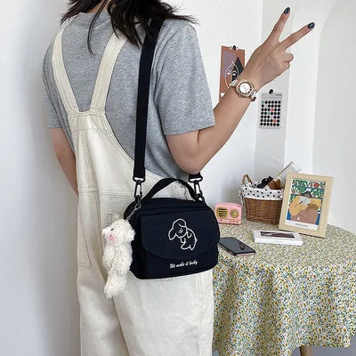 Ladies Fashion Canvas Small Square Bag Korean Version Multifunctional Cute Dog One-shoulder Diagonal Mobile Phone Package