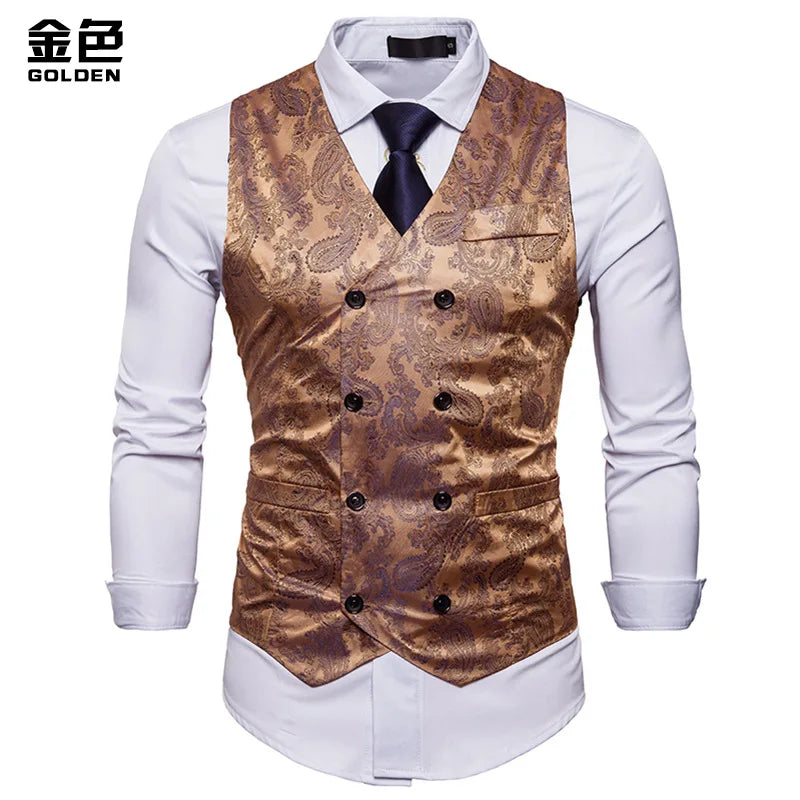 Men's Red Paisley Double Breasted Dress Vest 2024 Brand New Slim Fit Formal Business Sleeveless Waistcoat Men Chaleco Hombre 2XL