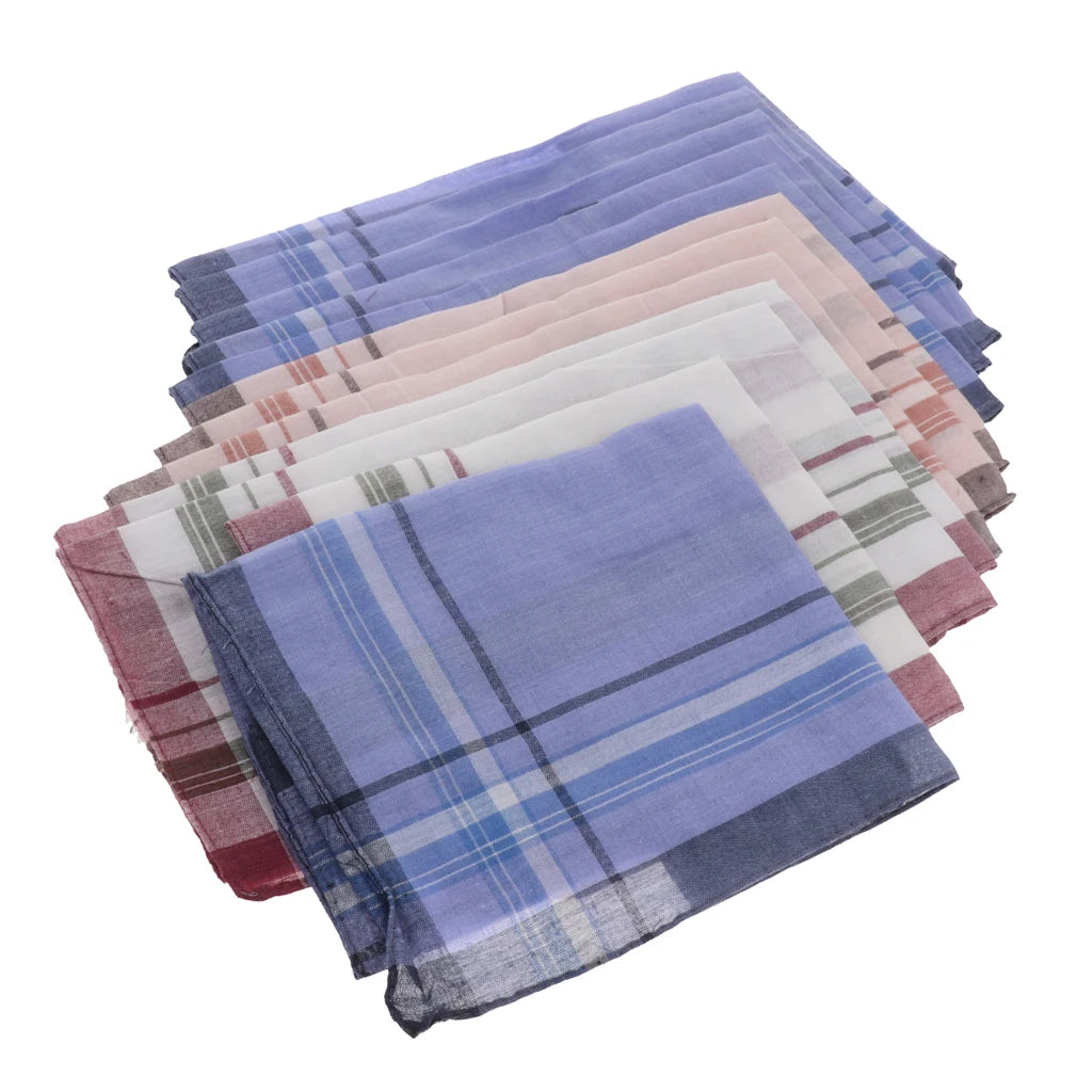 Set of 12/10pcs Men's Plaid Pattern Cotton Handkerchiefs Gentleman Classic Pocket Square Hanky