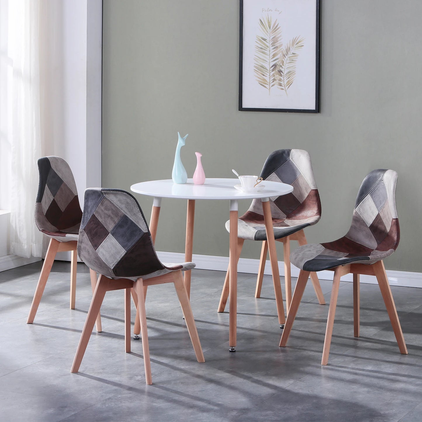 Set of 4 Nordic Dining Chairs Patchwork Frabic Chairs and Round Dining Table Set for Kitchen Restaurant Dining Room Lounge Room