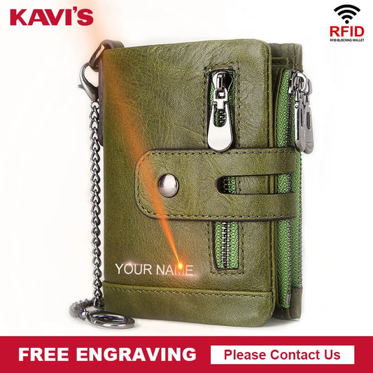 KAVIS Rfid Genuine Cow Leather Wallet Men Coin Purse Male Cuzdan PORTFOLIO MAN Portomonee Small Mini Walet Pocket Name Engraving