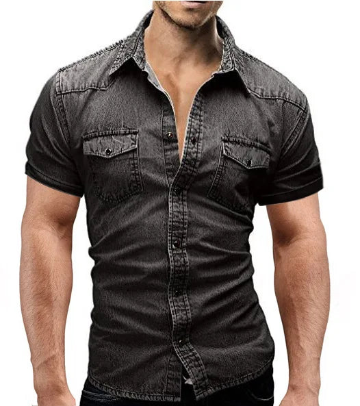 Men Summer Denim Thin Shirt Short Sleeve Soft Cotton Two Pockets Slim Slight Elastic Jeans Cowboy Shirt Clothing 2023