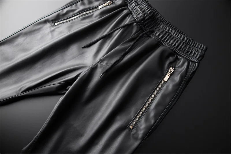 Men's Leather Pants Superior Quality Elastic Waist Jogger Pants PU Leather Motorcycle Trousers Biker's Pants