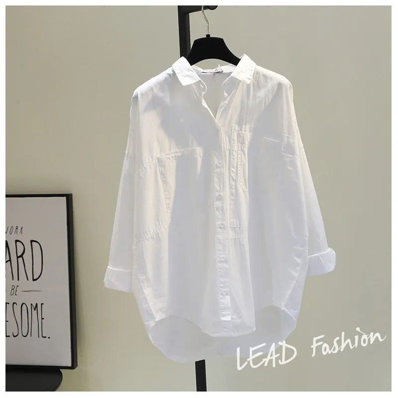 Casual Button Cotton White Women's Shirt Spring Long Sleeve Solid Loose Blouses Office Lady Elegant Tops