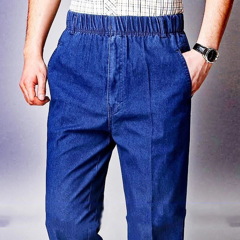 Durable Outdoor Work Wear Straight Jeans Trousers Men Elastic Waist Casual Wide Leg Thick Cotton Denim Pants Classic Loose Dad