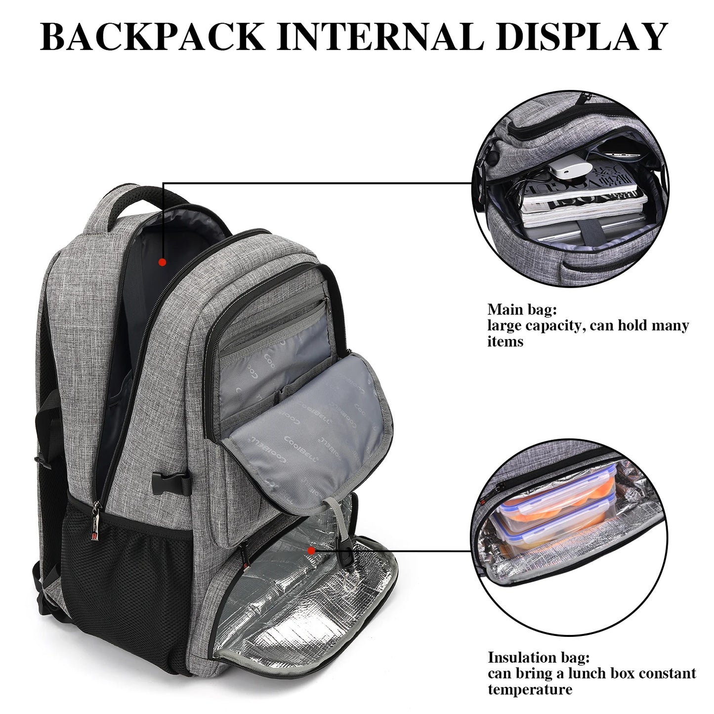 CoolBELL Lunch Backpack 15.6/17.3 Inches Laptop Backpack with Insulated Compartment / USB Port For Hiking Work Travel Men Women