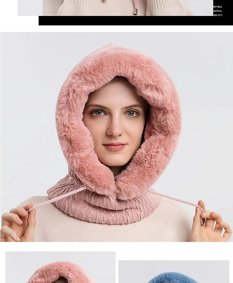 Winter Fur Cap Mask Set Hooded for Women Knitted Cashmere Neck Warm Balaclava Ski Windproof Hat Thick Plush Fluffy Beanies hood