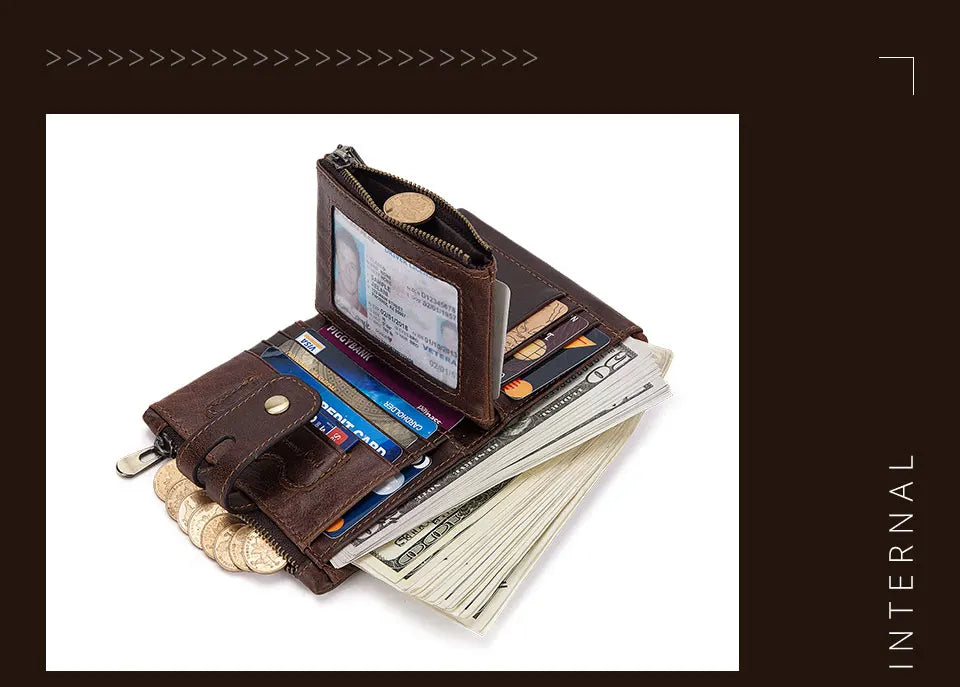 Hot Genuine Leather Men Wallet Coffee Coin Purse Mini Card Holder Chain PORTFOLIO Portomonee Male Walet Support Dropshiping