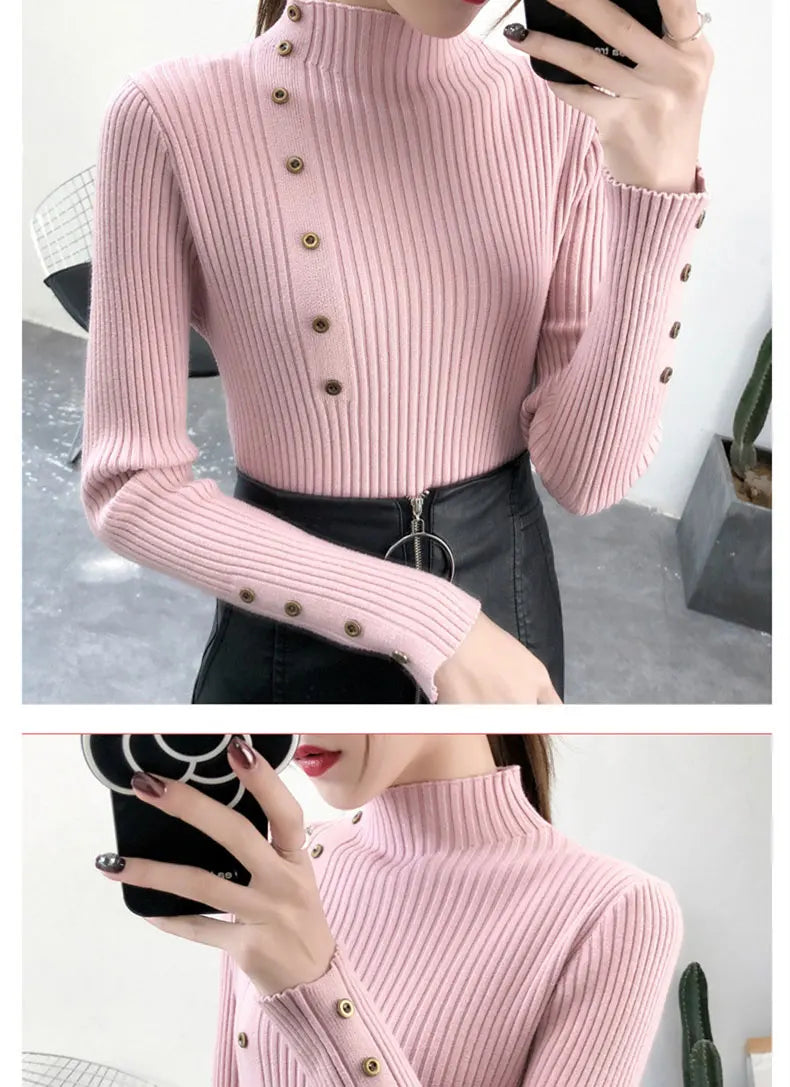 2023 Women Autumn Knitted Slim Sweaters Solid Knitted Female Cotton Soft Elastic Color Pullovers Button Full Sleeve Turtleneck