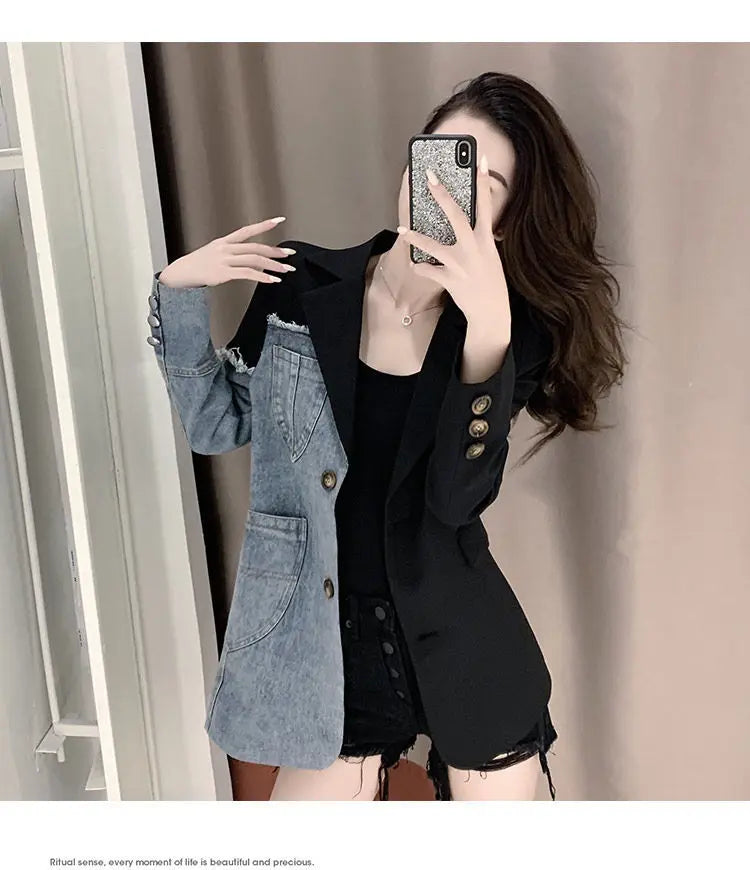 Women's Denim Patchwork Blazer Jacket, Casual Jacket