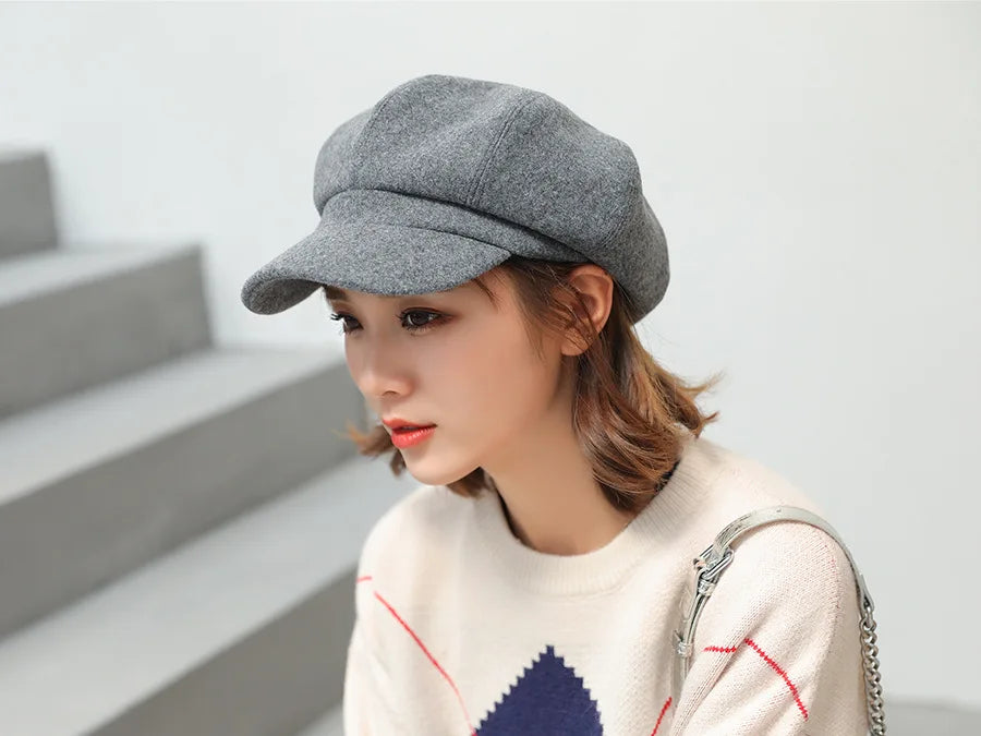 Autumn Winter Hats for Women Solid Plain Octagonal Newsboy Cap Men Ladies Casual Wool Winter Beret Women Painter