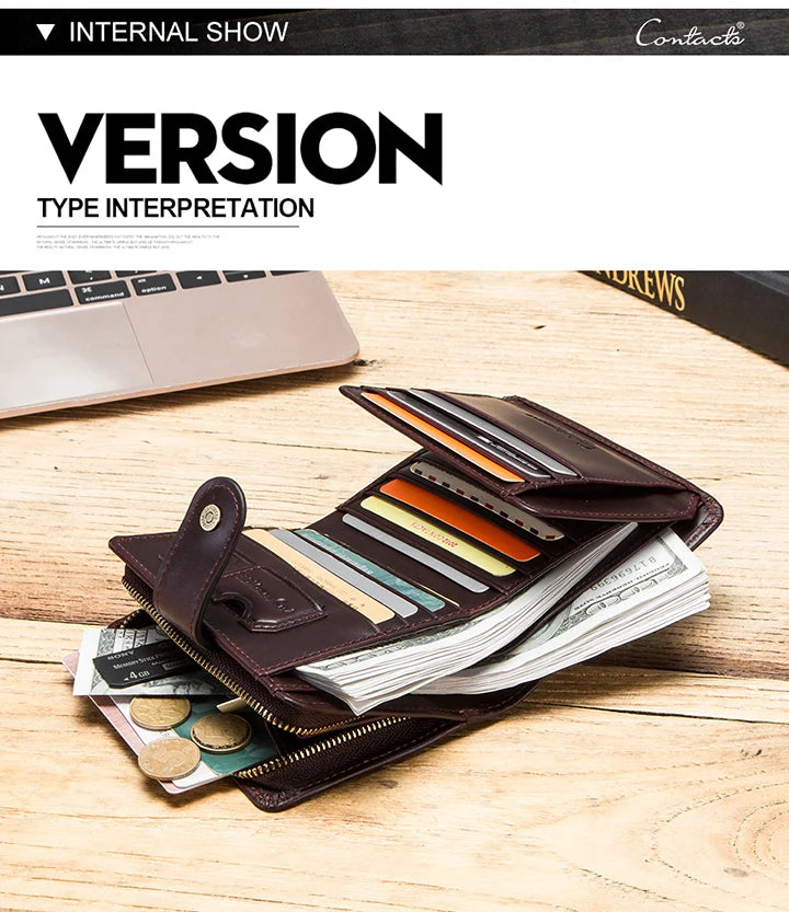 CONTACT'S Genuine Leather RFID Vintage Wallet Men With Coin Pocket Short Wallets Small Zipper Wallet With Card Holders Man Purse