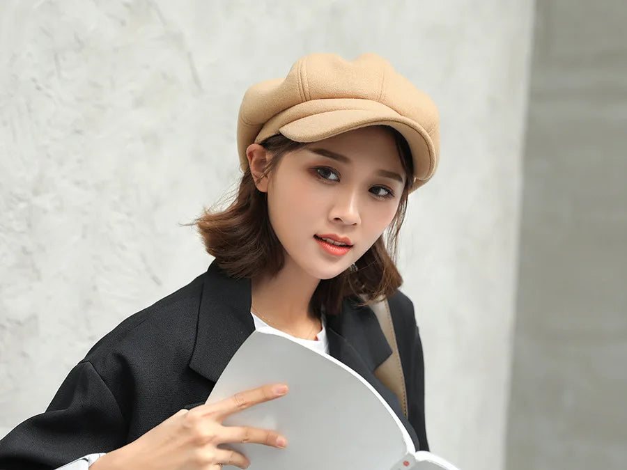 Autumn Winter Hats for Women Solid Plain Octagonal Newsboy Cap Men Ladies Casual Wool Winter Beret Women Painter