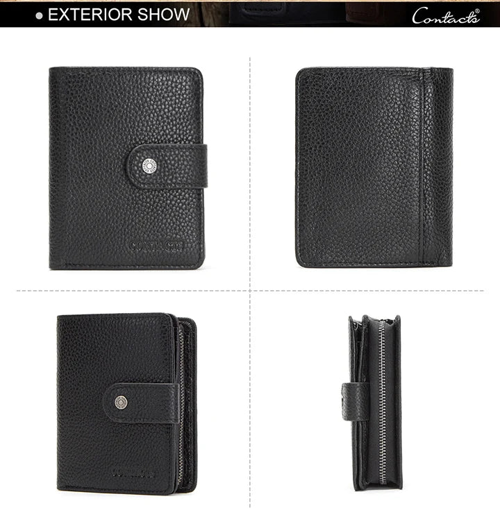 CONTACT'S Genuine Leather RFID Vintage Wallet Men With Coin Pocket Short Wallets Small Zipper Wallet With Card Holders Man Purse