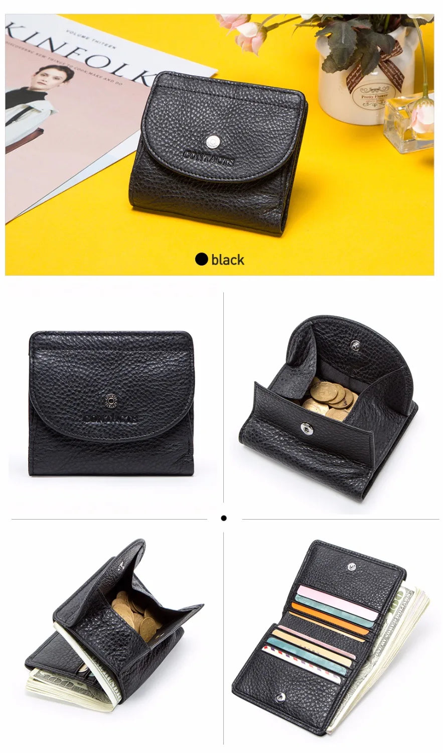 CONTACT'S Genuine Leather Short Wallets for Women Fashion Card Holder Money Clip Coin Purse Female Mini Wallet Women's Bag Purse