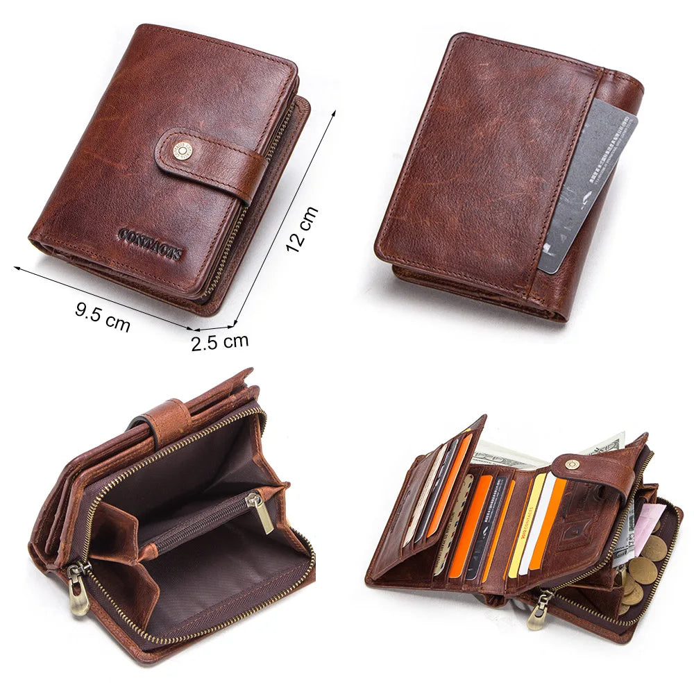 CONTACT'S Genuine Leather RFID Vintage Wallet Men With Coin Pocket Short Wallets Small Zipper Wallet With Card Holders Man Purse