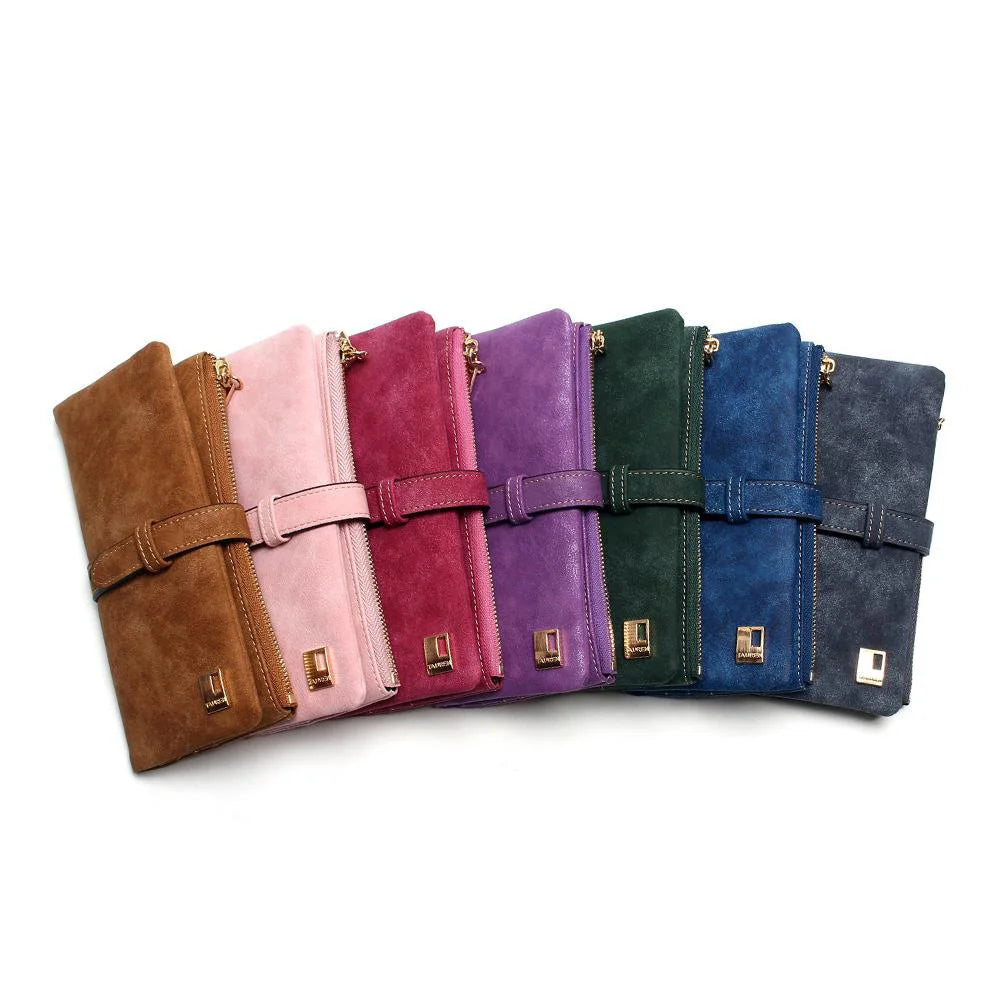 2021 New Fashion Women Wallets Drawstring Nubuck Leather Zipper  Long Design Purse Two Fold More Color Clutch