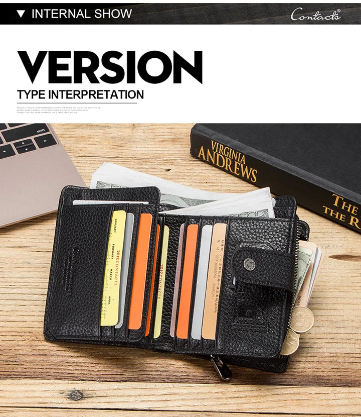 CONTACT'S Genuine Leather RFID Vintage Wallet Men With Coin Pocket Short Wallets Small Zipper Wallet With Card Holders Man Purse