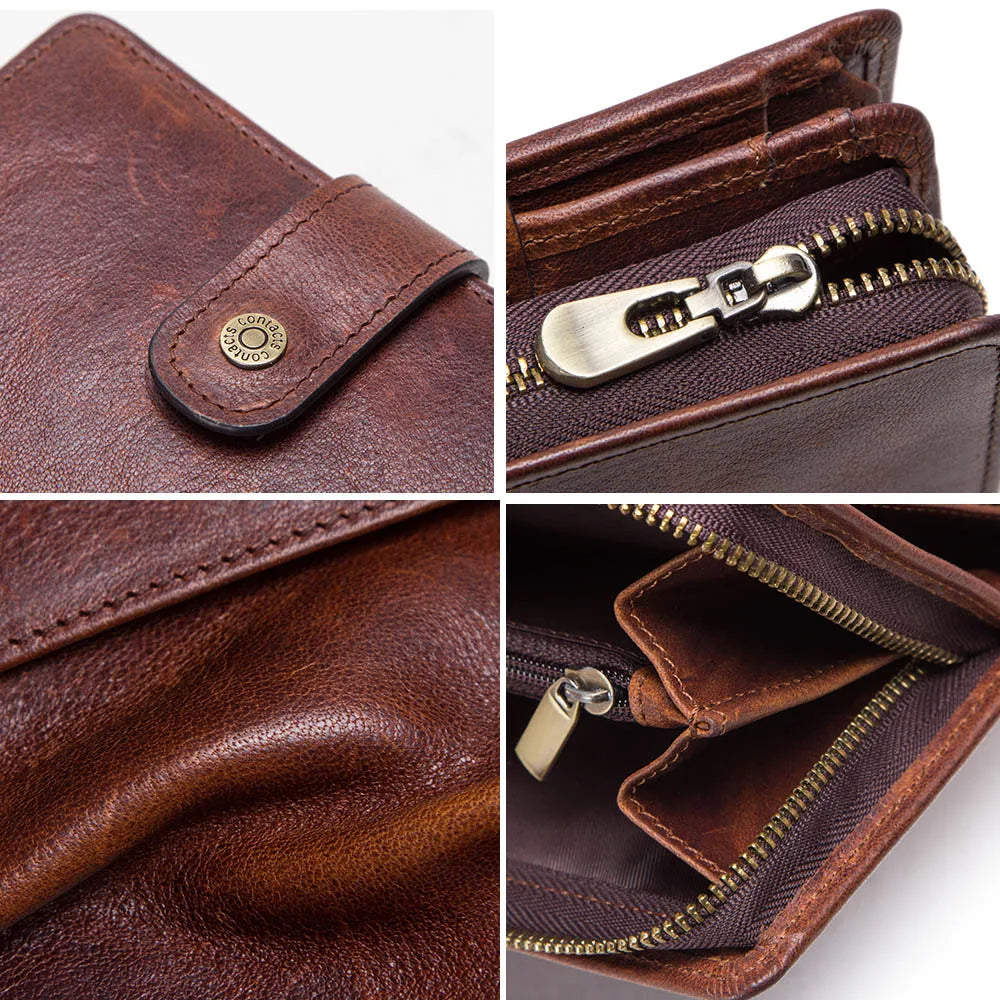 CONTACT'S Genuine Leather RFID Vintage Wallet Men With Coin Pocket Short Wallets Small Zipper Wallet With Card Holders Man Purse