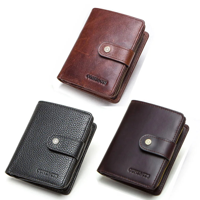 CONTACT'S Genuine Leather RFID Vintage Wallet Men With Coin Pocket Short Wallets Small Zipper Wallet With Card Holders Man Purse