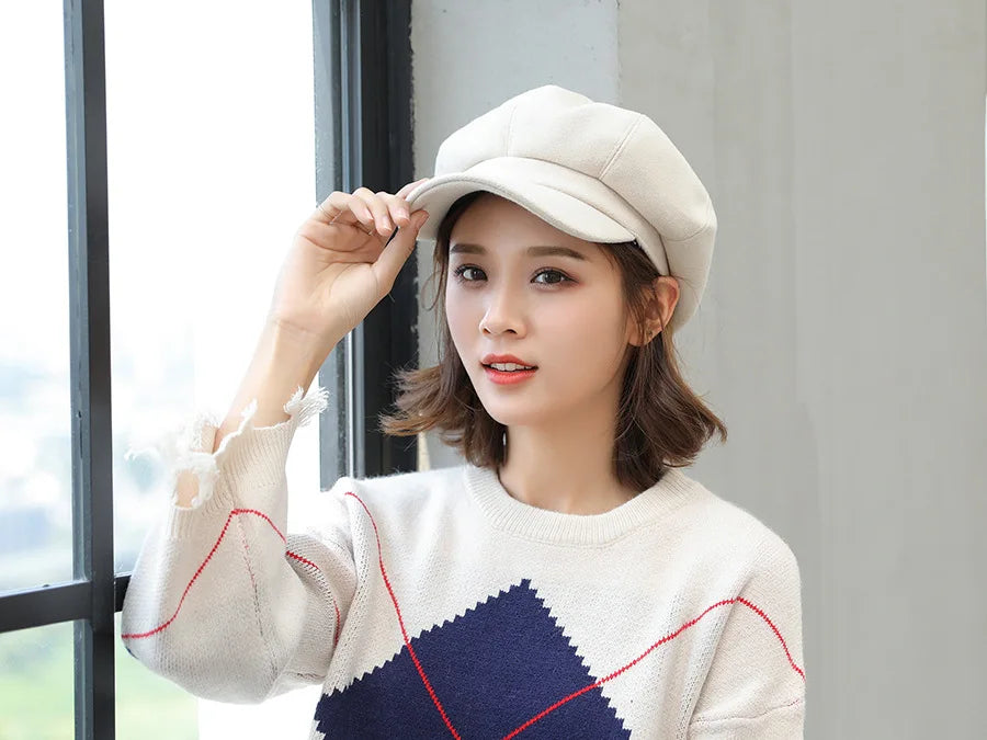 Autumn Winter Hats for Women Solid Plain Octagonal Newsboy Cap Men Ladies Casual Wool Winter Beret Women Painter