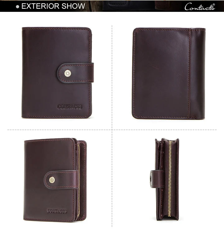 CONTACT'S Genuine Leather RFID Vintage Wallet Men With Coin Pocket Short Wallets Small Zipper Wallet With Card Holders Man Purse