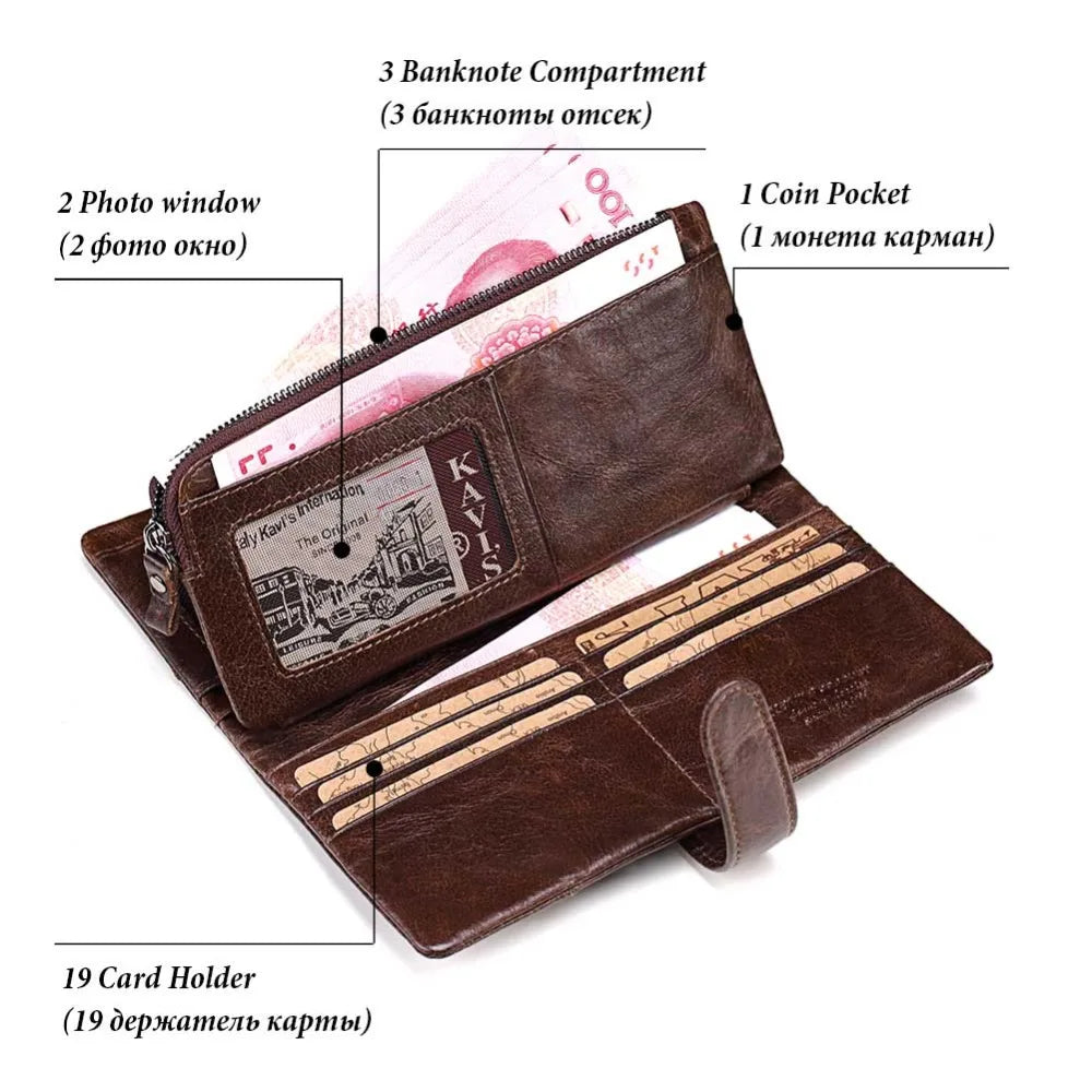 KAVIS Free Engravin Genuine Leather Wallet Men Coin Purse Long Male Clutch Walet Portomonee Man Women Handy Card Holder for Name