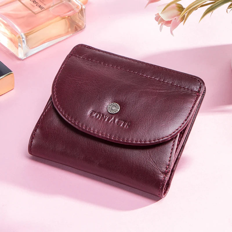 CONTACT'S Genuine Leather Short Wallets for Women Fashion Card Holder Money Clip Coin Purse Female Mini Wallet Women's Bag Purse