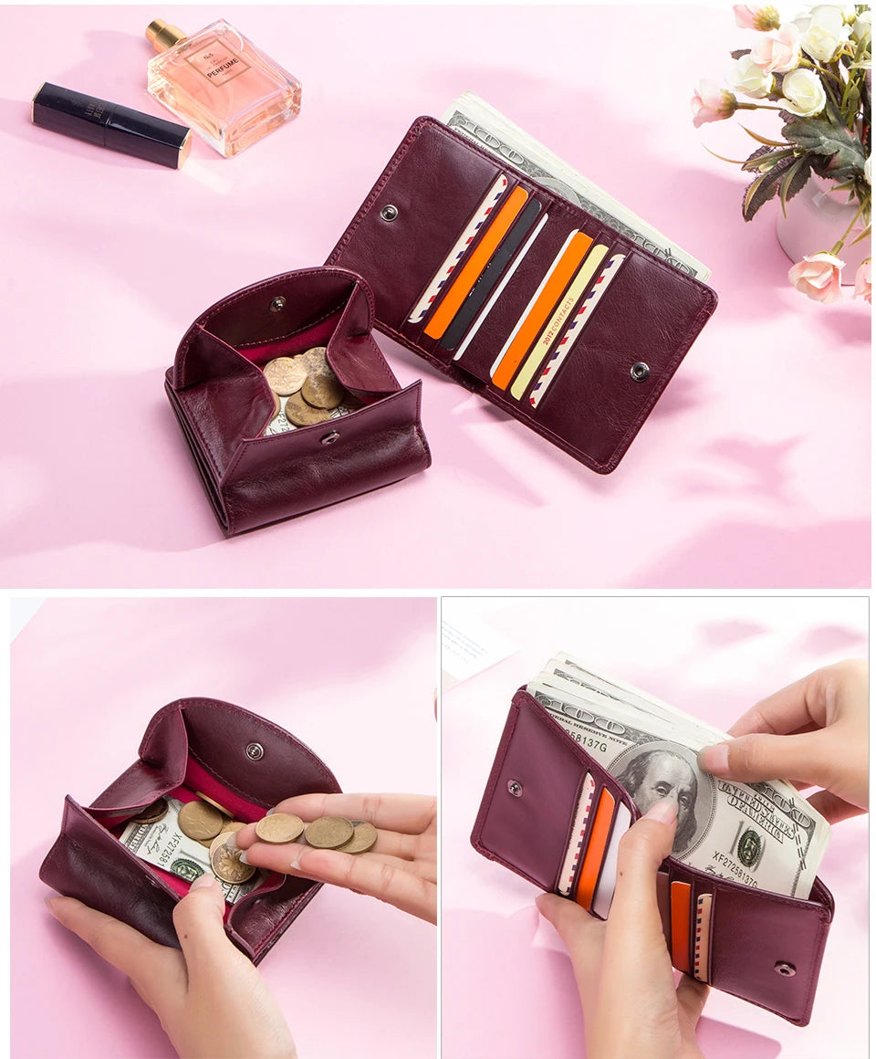 CONTACT'S Genuine Leather Short Wallets for Women Fashion Card Holder Money Clip Coin Purse Female Mini Wallet Women's Bag Purse