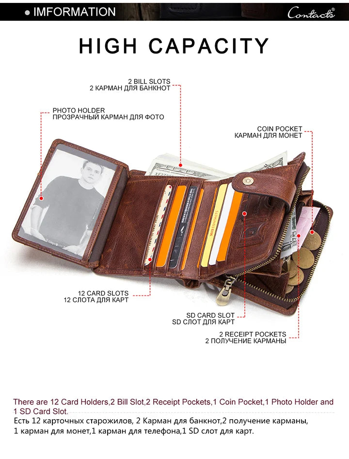 CONTACT'S Genuine Leather RFID Vintage Wallet Men With Coin Pocket Short Wallets Small Zipper Wallet With Card Holders Man Purse