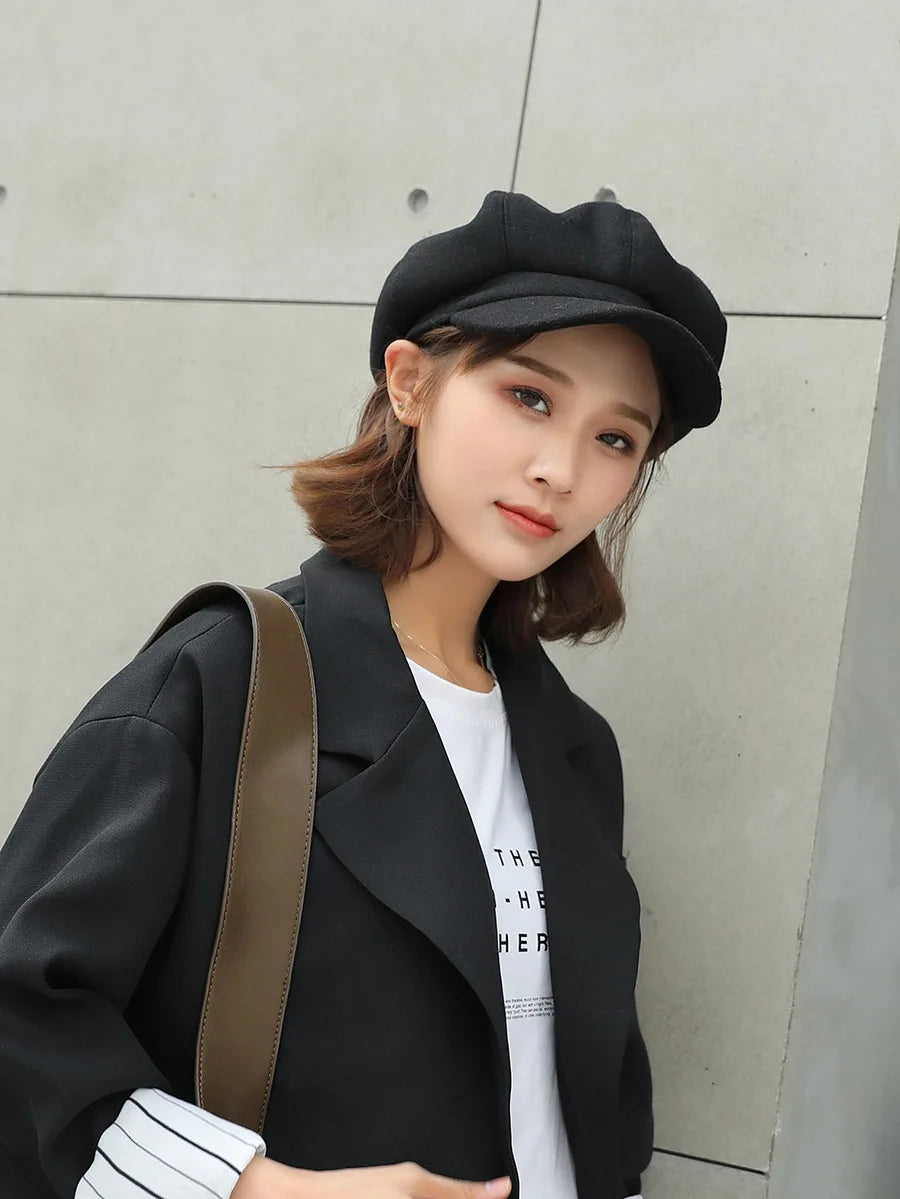 Autumn Winter Hats for Women Solid Plain Octagonal Newsboy Cap Men Ladies Casual Wool Winter Beret Women Painter