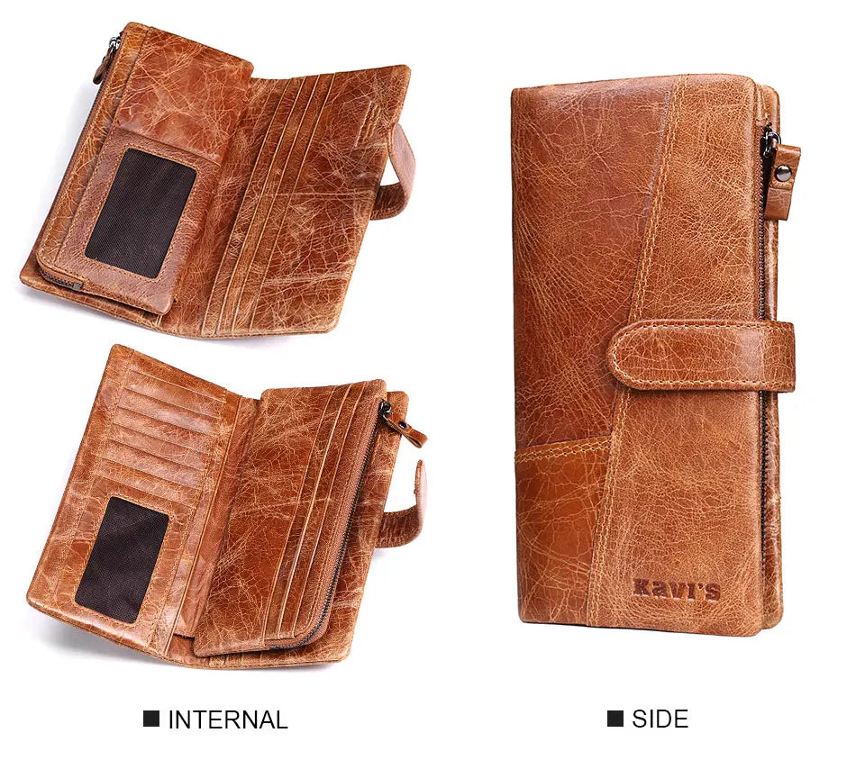 KAVIS Free Engravin Genuine Leather Wallet Men Coin Purse Long Male Clutch Walet Portomonee Man Women Handy Card Holder for Name