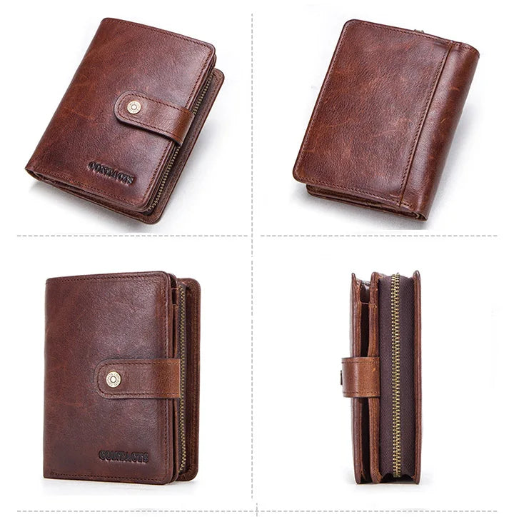 CONTACT'S Genuine Leather RFID Vintage Wallet Men With Coin Pocket Short Wallets Small Zipper Wallet With Card Holders Man Purse