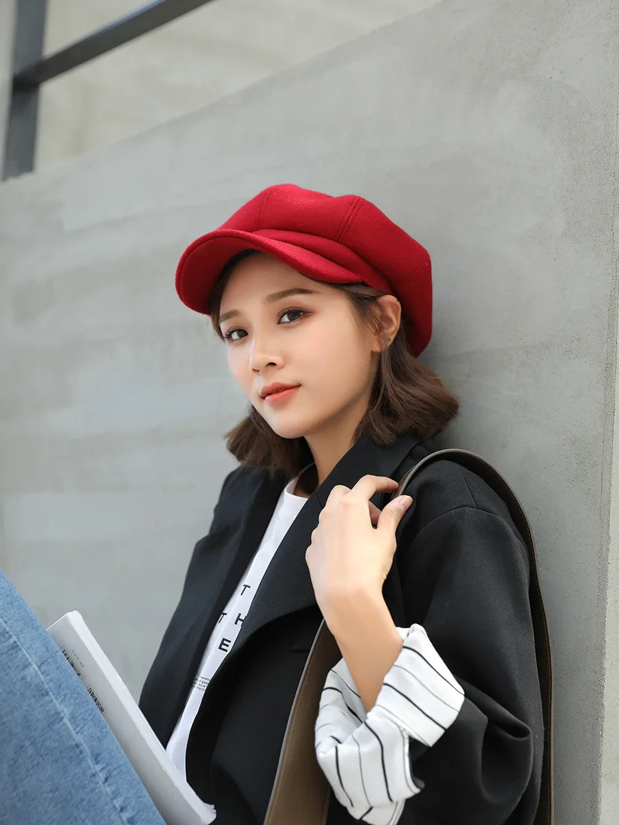 Autumn Winter Hats for Women Solid Plain Octagonal Newsboy Cap Men Ladies Casual Wool Winter Beret Women Painter